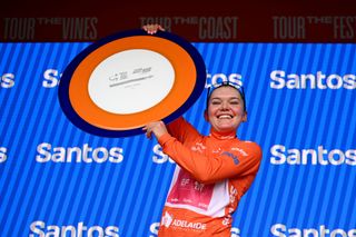 STIRLING AUSTRALIA JANUARY 19 Noemi Ruegg of Switzerland and Team EF EducationOatly Orange Santos Leaders Jersey celebrates at podium as overall race winner during the 9th Santos Womens Tour Down Under 2025 Stage 3 a 1059km stage from Stirling to Stirling 444m UCIWWT on January 19 2025 in Stirling Australia Photo by Dario BelingheriGetty Images