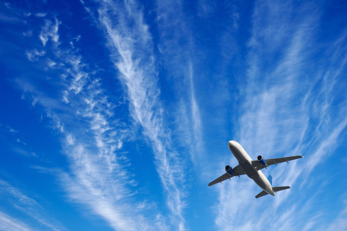 Airplane flying in clear blue sky