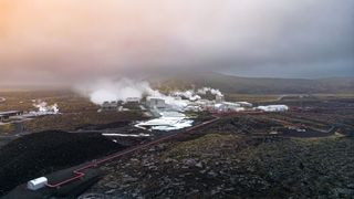 An aerial view of the Svartsengi geothermal power plant in Iceland.