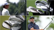 Two golfers line-up shots, with close up of irons in a golf bag