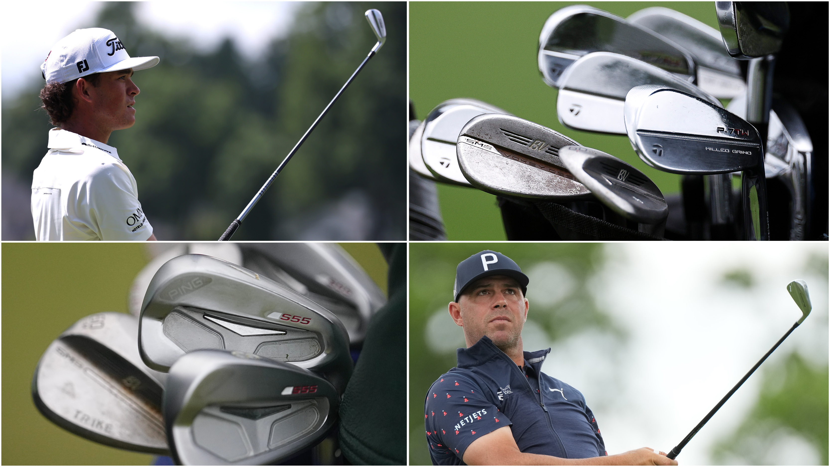 Two golfers line-up shots, with close up of irons in a golf bag