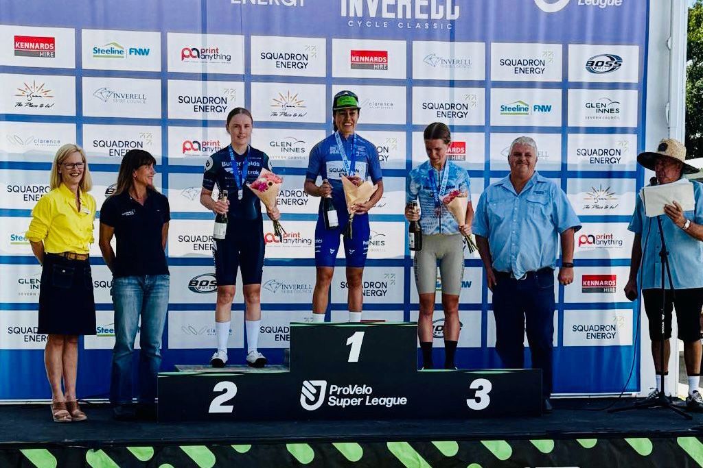 The podium of the Mt Mitchell to Inverell, the fifth round of the ProVelo Super League 2025 – Gina Ricardo (Praties) in first, Rachael Wales (Butterfields Ziptrak) and Rhylee Akeroyd (Meridian Blue Cycling p/b 99 Bikes)