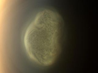 A south polar vortex spotted by NASA's Cassini spacecraft above Saturn's moon Titan.