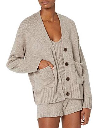 Damen-Cardigan „Brigitte“ mit gestreifter Drop-Pocket-Front und Knopfleiste, Heather Mushroom, S