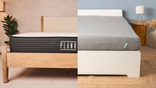 The Plank Firm mattress on a bed frame in a bedroom (left) and the Siena Memory Foam Mattress on a bed frame in a bedroom (right)