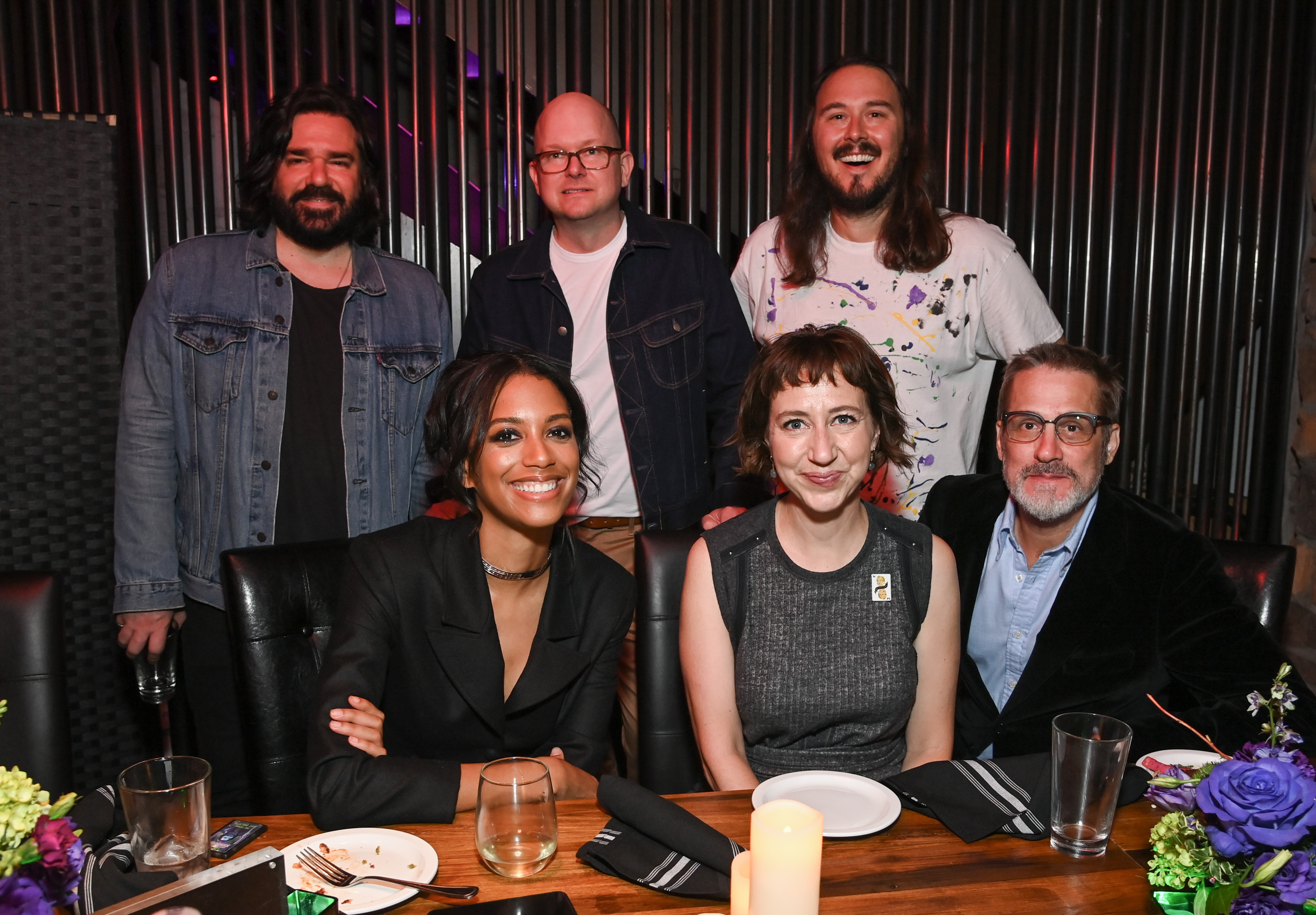 At FX’s What We Do in the Shadows party at San Diego Comic-Con (front, l. to r.): Stefani Robinson, Kristen Schaal and Paul Simms. Back (l. To r.): Matt Berry, Mark Proksch and Kyle Newacheck. 