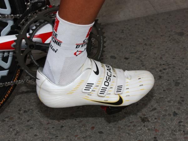 Oscar Pereiro (Caisse d'Epargne) has a pair of custom Nike Poggio 4 shoes - long discontinued but apparently still available if you have the right connections.