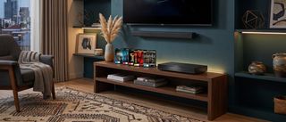 Various movies and a 4K Blu-ray player displayed in a living room environment 