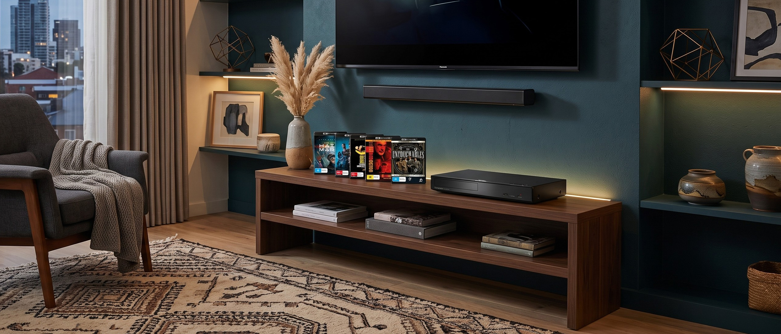 Various movies and a 4K Blu-ray player displayed in a living room environment 