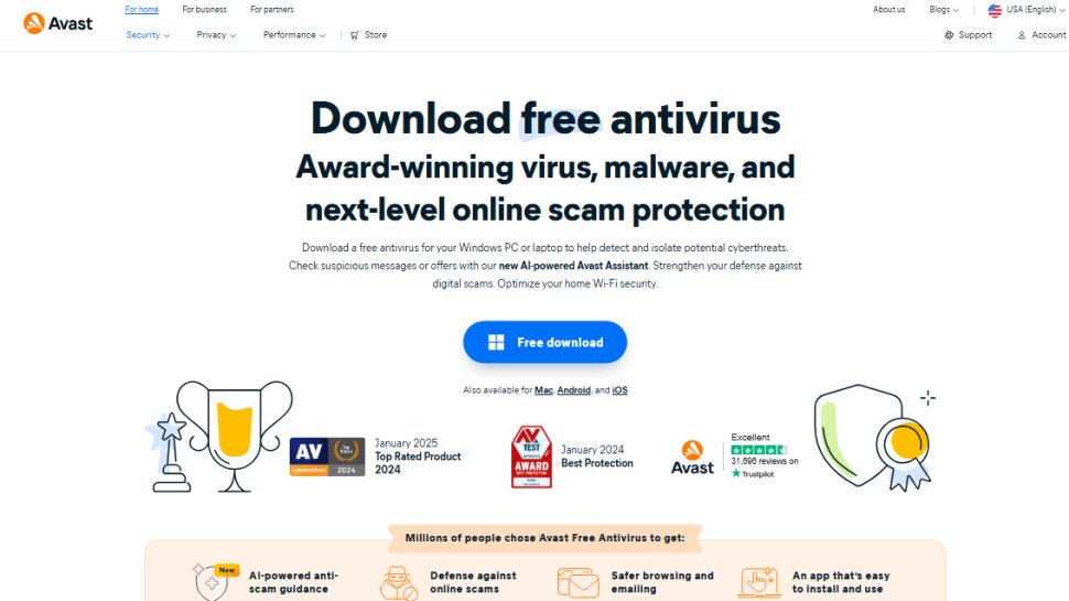 Website screenshot of Avast (July, 2025)