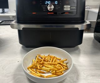 A bowl of French fries in front of the Ninja Foodi FlexBasket air fryer.