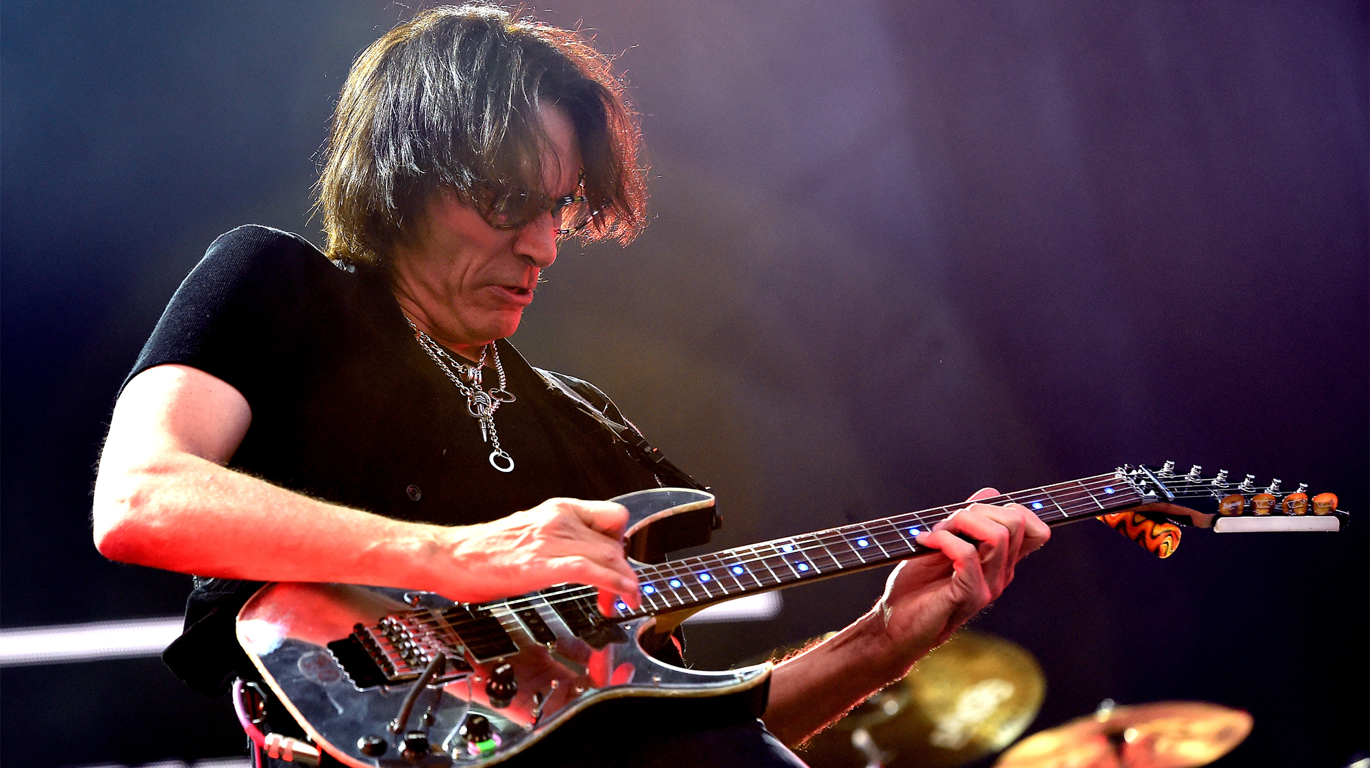 Musician Steve Vai performs with Sepultura onstage during Rock in Rio USA at the MGM Resorts Festival Grounds on May 9, 2015 in Las Vegas, Nevada. 