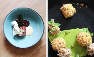 Left: venison, served with pickled shiitake, currant, nigella. Right: roasted banana, tarragon, and lime.