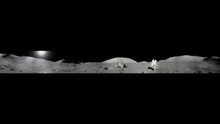 A backdrop of the sun behind the panoramic view of the lunar surface.