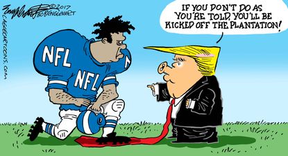 Political cartoon U.S. NFL kneeling protest Trump slavery