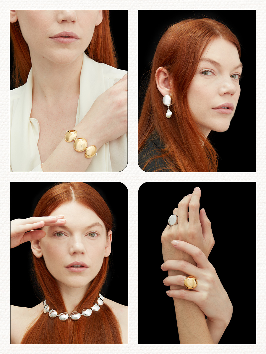 A collage of models wearing the Asian-founded jewelry brand Ming Yu Wang.