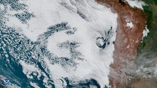The GOES East weather satellite operated by NOAA spotted a cloud pattern that appeared to form the word "GO" off the coast of Chile in South America on May 6, 2022. The phenomenon is an example of pareidolia, where the human brain sees familiar sights in random shapes.