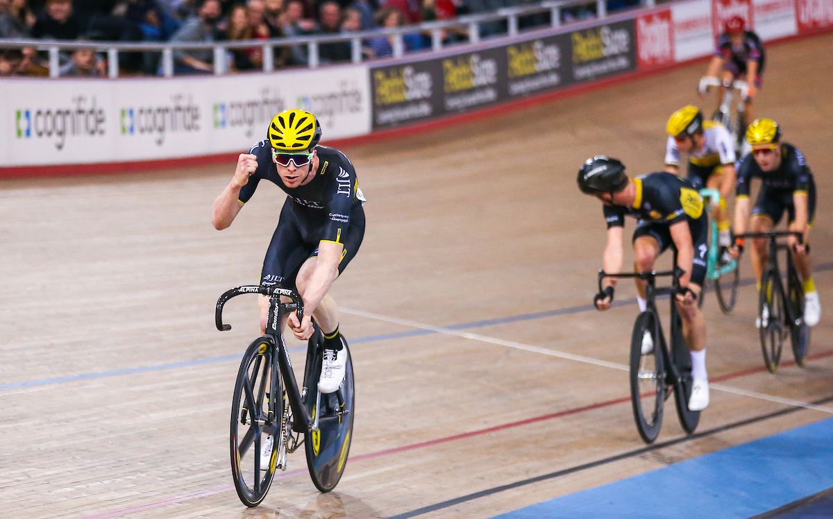 JLT Condor's Ed Clancy celebrates winning the Men's Scratch race.