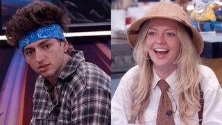 Drew and Melody split image. Drew is wearing a flannel and a blue headband. Melody is wearing safari gear with a brown tie. 