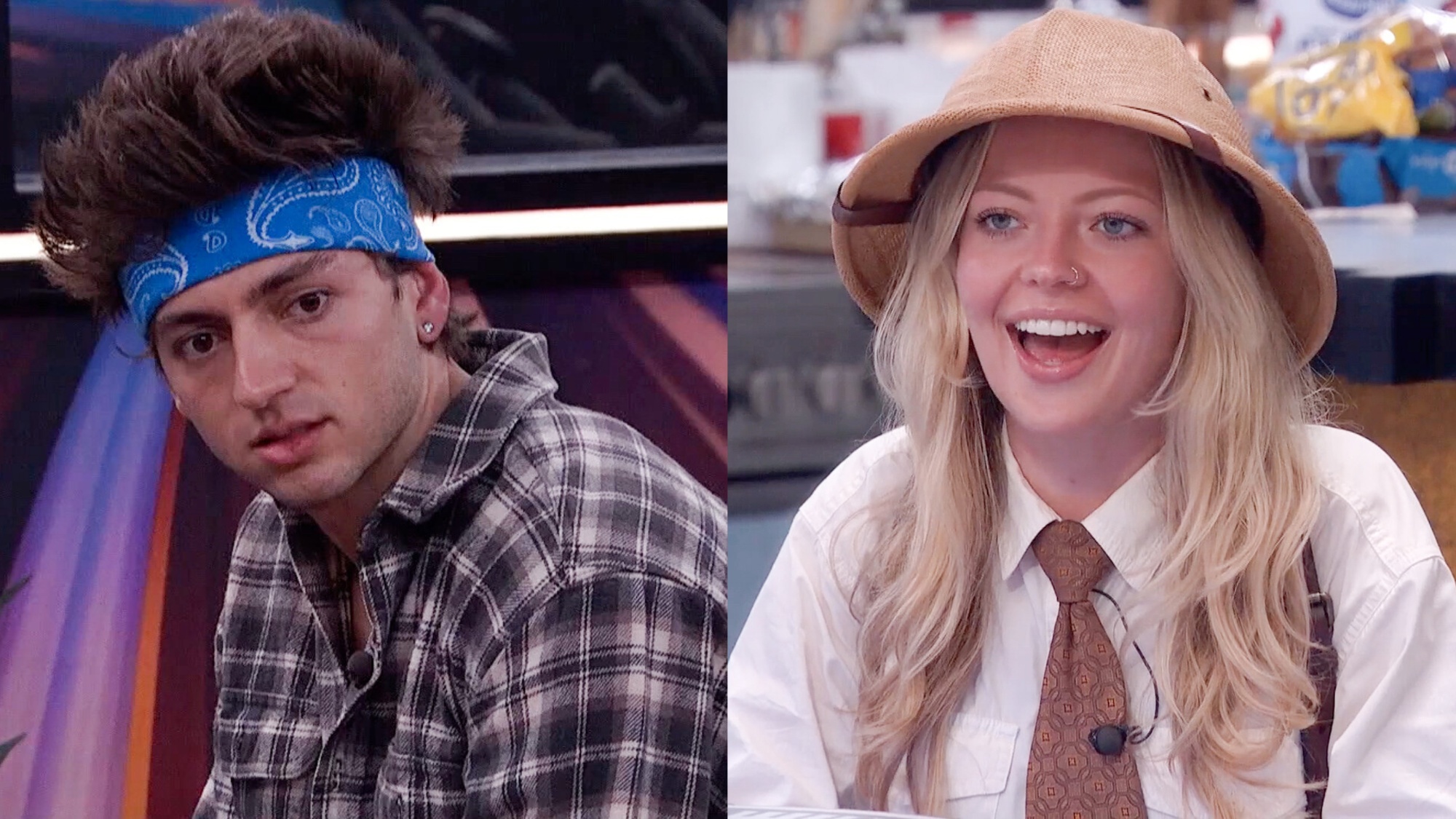 Drew and Melody split image. Drew is wearing a flannel and a blue headband. Melody is wearing safari gear with a brown tie. 