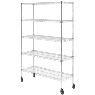 a metal shelving unit on wheels