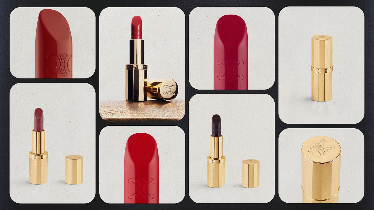 Collage of Celine lipsticks in different shades.