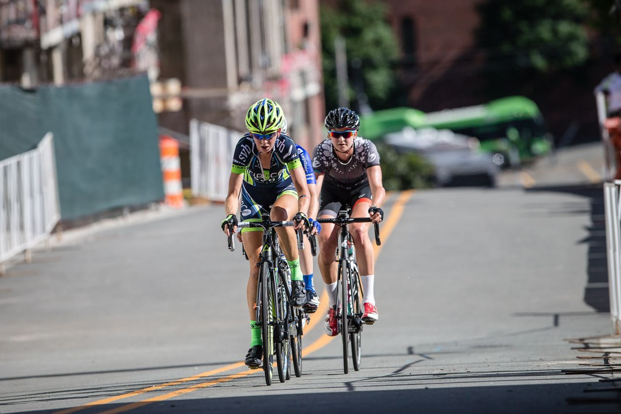 Jo Hogan (TIBCO) leads the break up the climb.