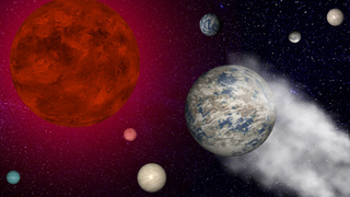 An illustration of Trappist-1e shows the potentially habitable exoplanet being stripped of its atmosphere by harsh radiation from its red dwarf star as its planetary siblings watch on