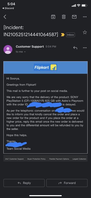 Flipkart's Mail to a customer to cancel PS5 order