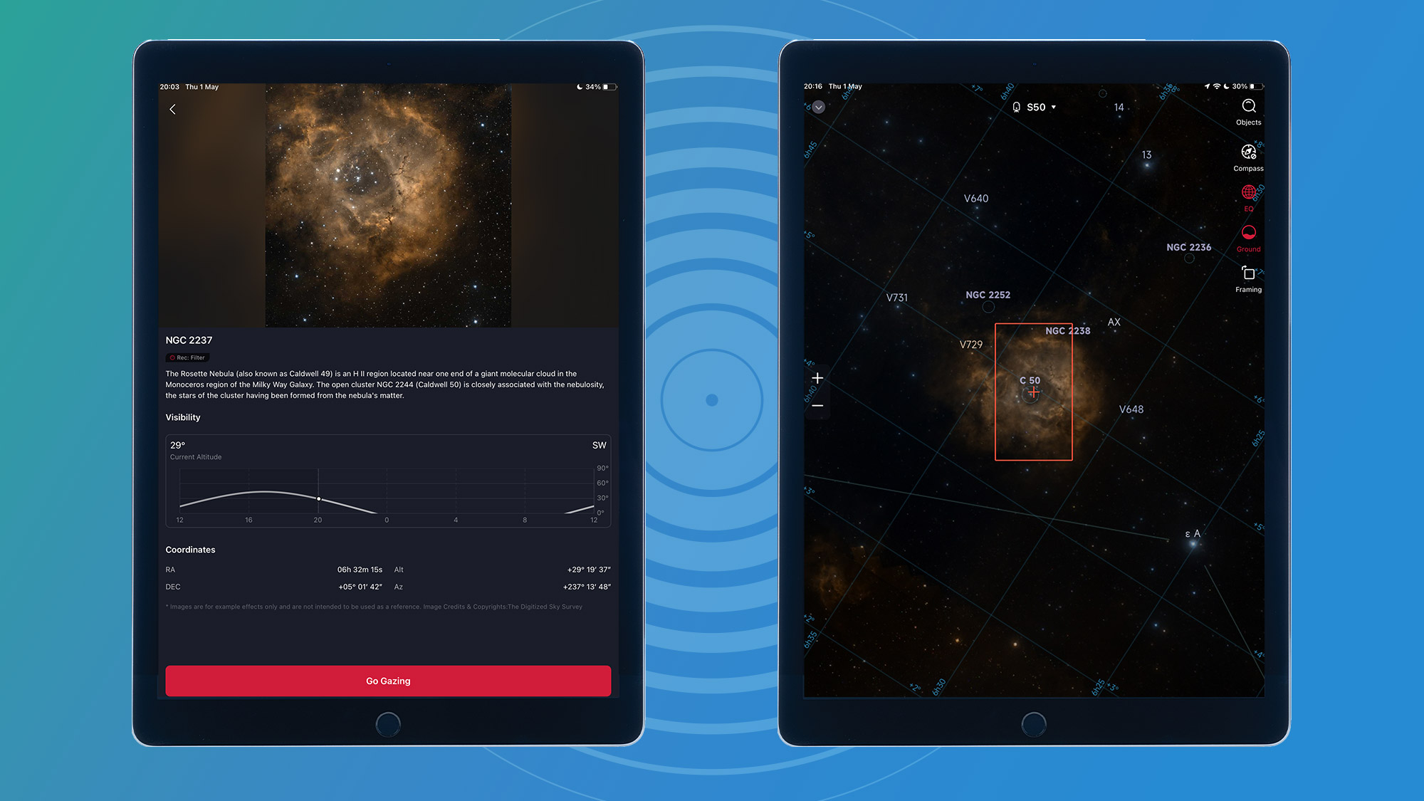 Screenshots from the ZWO Seestar S50 software on an iPad, on a blue background