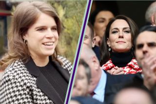 Princess Eugenie in black and white houndstooth jacket split layout with Kate Middleton wearing red houndstooth jacket