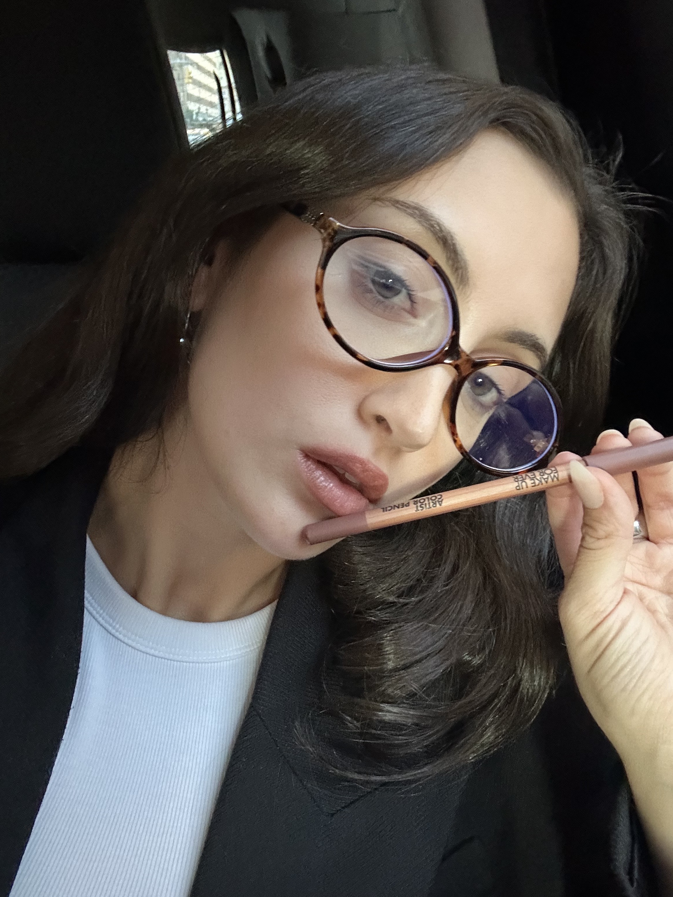 WWW associate beauty editor Alyssa Brascia wearing the Make Up For Ever Artist Color Pencil in Anywhere Caffeine.