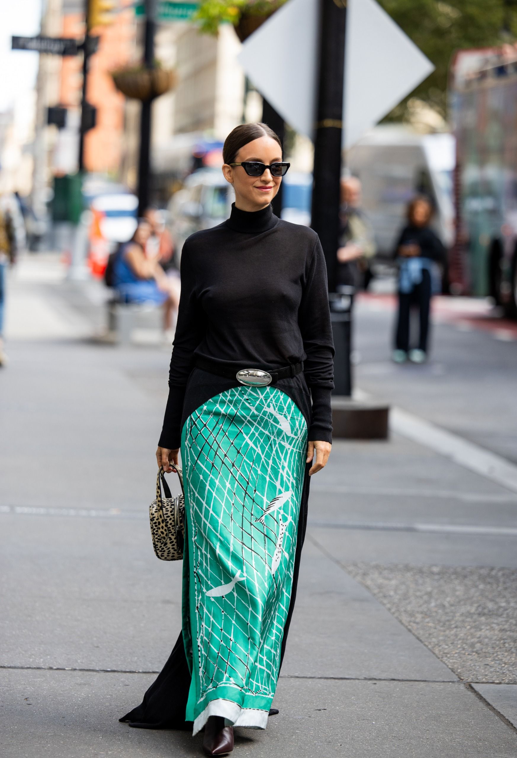 A guest wore the statement skirt trend at New York Fashion Week 2026