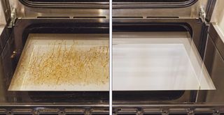 Before and after image of a glass oven door to show the results of how to clean a glass oven door