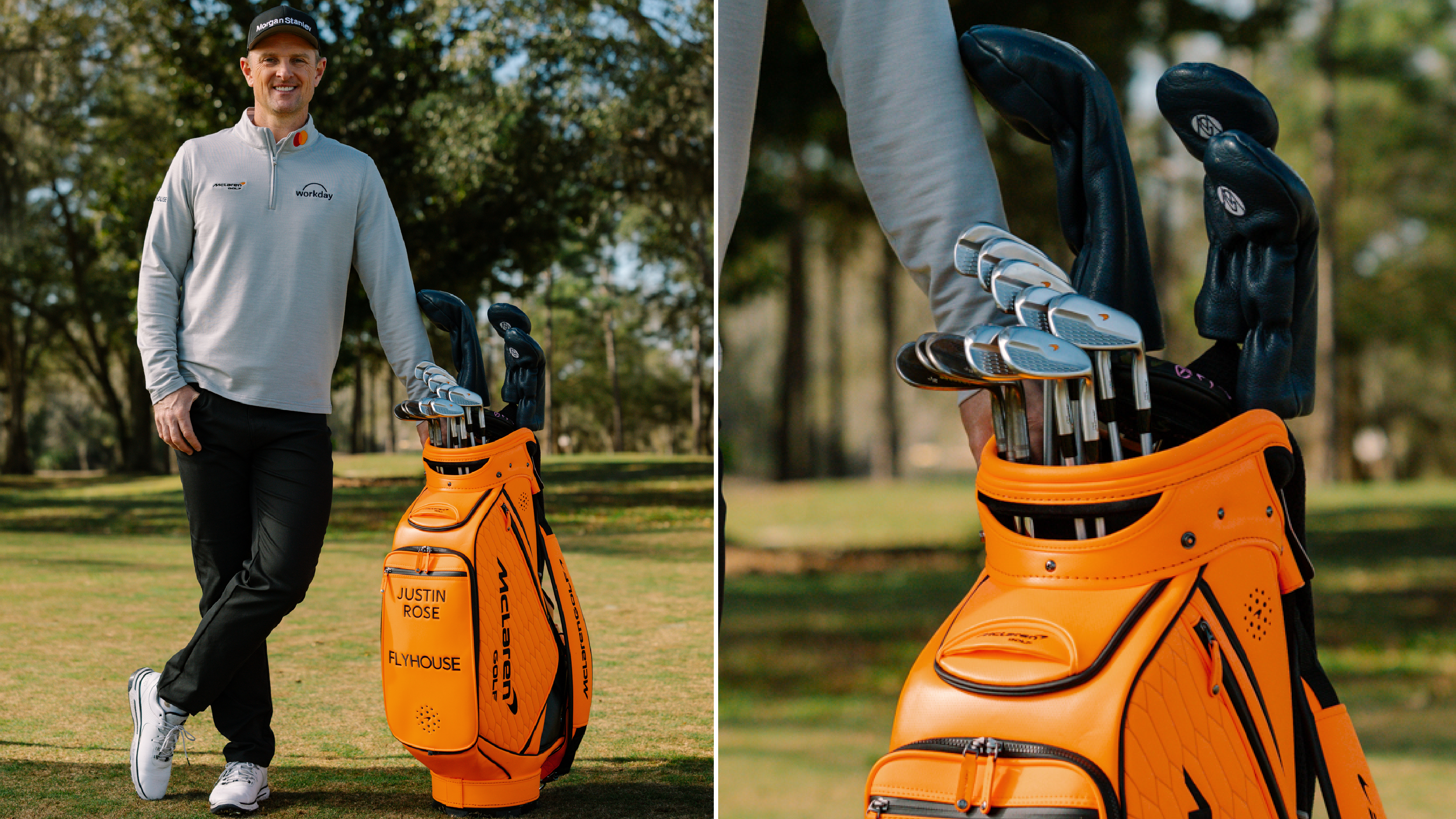 Justin Rose poses with McLaren golf clubs and bag