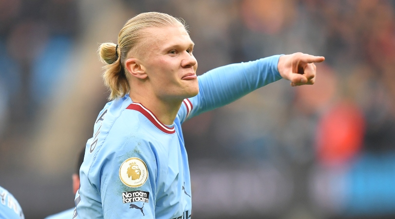 Erling Haaland celebrates one of his goals for Manchester City against Wolves in the Premier League in January 2023.