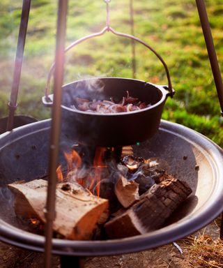 A stew cooking in a pot suspended over a log burning fire pit