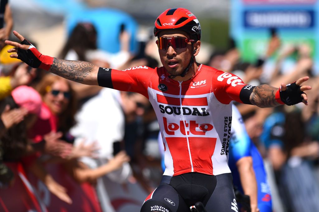 KUSADASI TURKEY APRIL 10 Caleb Ewan of Australia and Team Lotto Soudal celebrates at finish line as stage winner during the 57th Presidential Cycling Tour Of Turkey 2021 Stage 1 a 202km stage from Bodrum to Kuadas TUR2022 on April 10 2022 in Kusadasi Turkey Photo by Dario BelingheriGetty Images