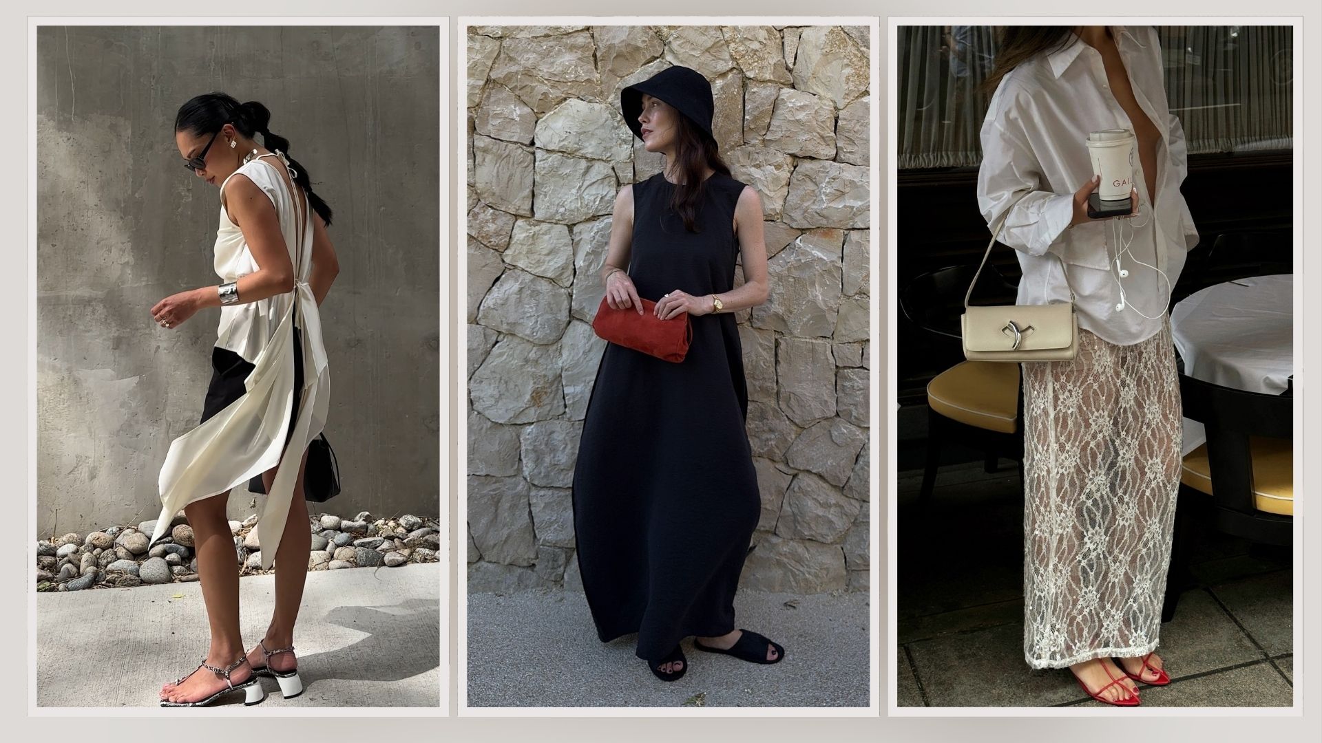 Three women wear luxury outfits