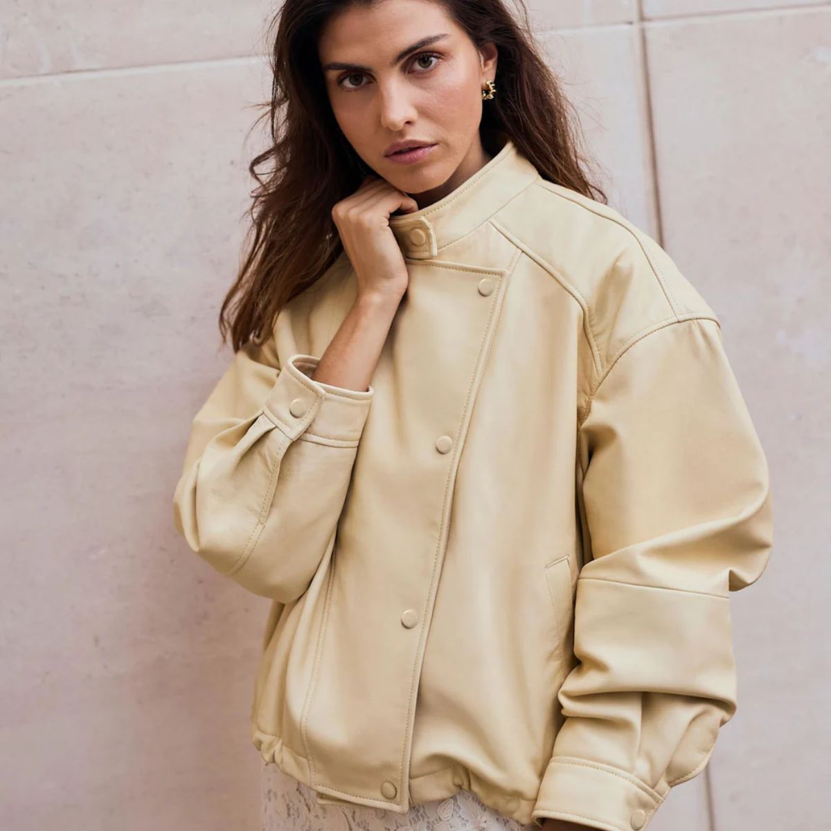 Butter Yellow Leather Cropped Pilot Bomber Jacket