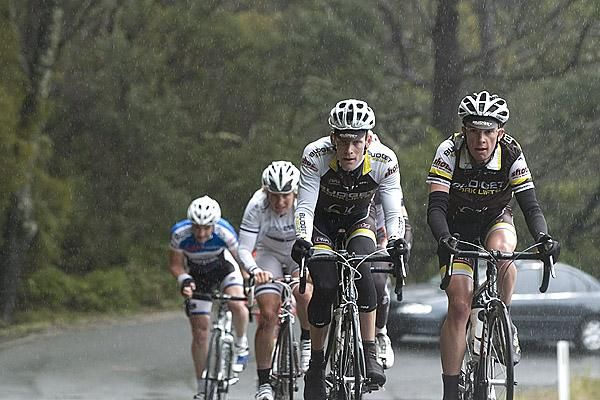 Budget Forklift's Cameron Jennings (left) and Michael England on the climb at Poatina.