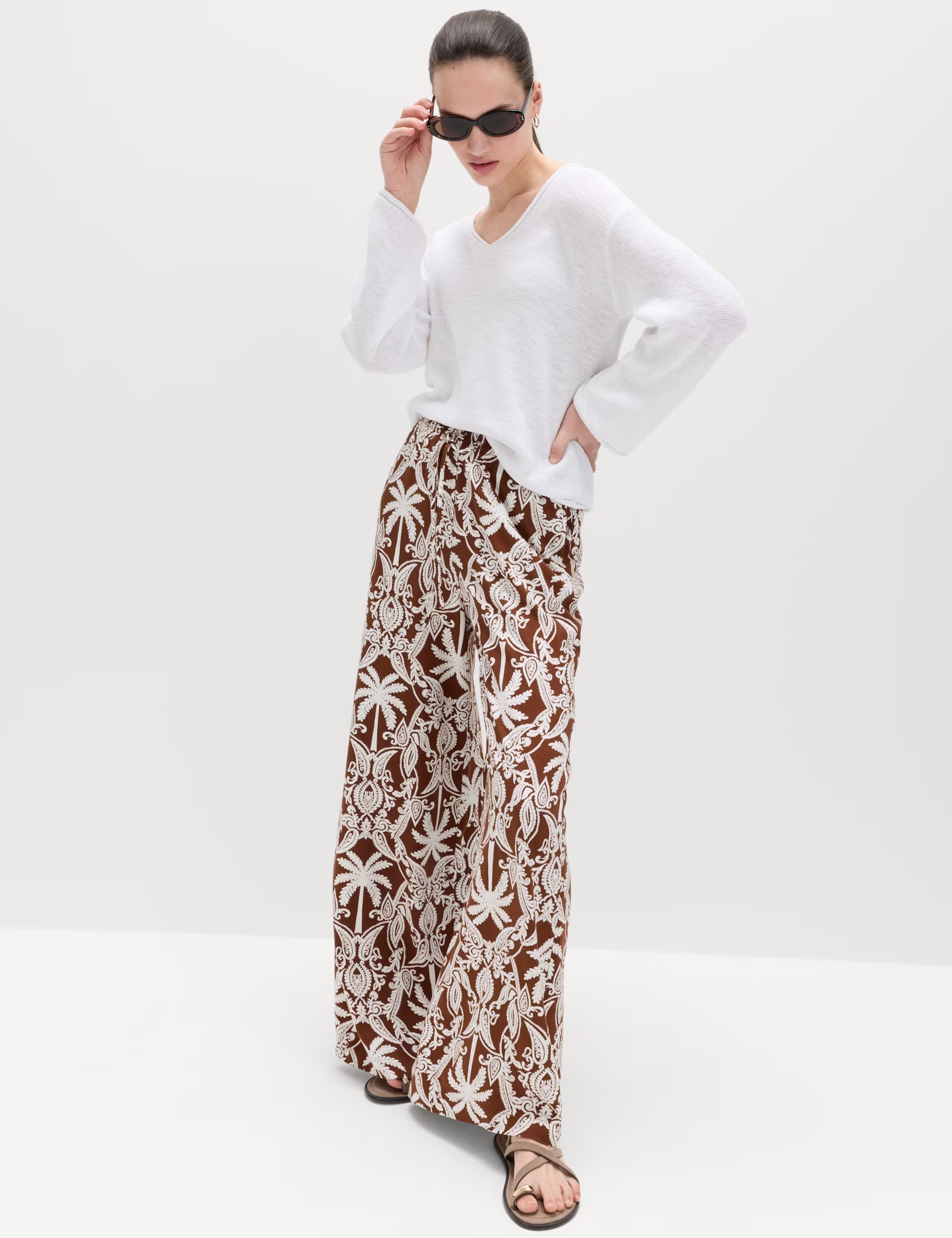 Printed pull on wide leg trousers
