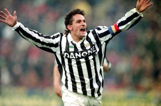 Roberto Baggio celebrates a goal for Juventus against Inter in November 1993.