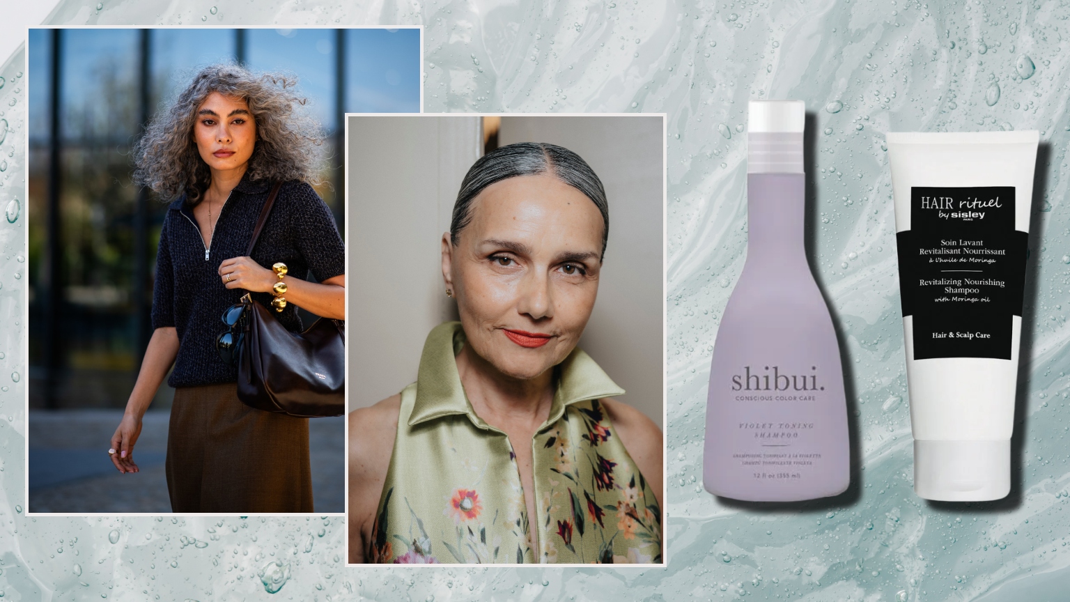 a watery green background with two women with gray hair and two bottles of shampoo for gray hair
