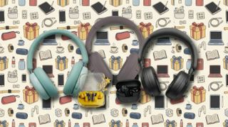 A selection of earbuds and headphones on bright wallpaper-style background with earbuds and gift motifs