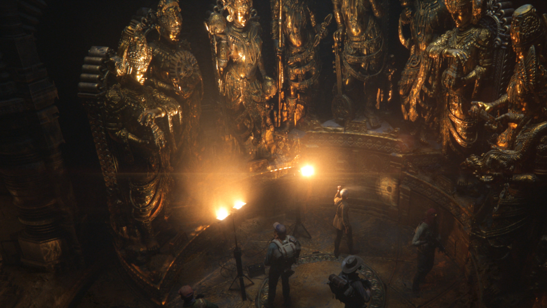 A group of adventurers setting up equipment in a tomb during the teaser of Tomb Raider: Catalyst.
