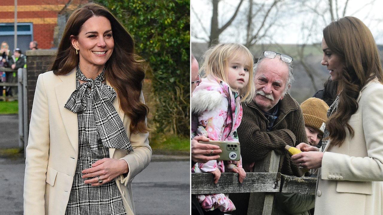 Kate Middleton wears a long cream coat with a dogtooth print dress and speaks to a young girl in the crowd