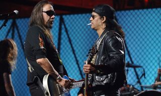 Ace Frehley (left) and Slash rehearse at the Mandalay Bay Hotel and Casino in Las Vegas, Nevada in 2006