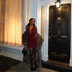 sierra mayhew wearing dress and fur coat