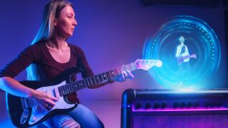 A woman learns how to play guitar with a futuristic guitar amplifier